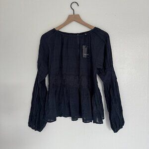 NWT Fate Navy Blue Cottage Core Boho Long Sleeve Flowy Top Size Small